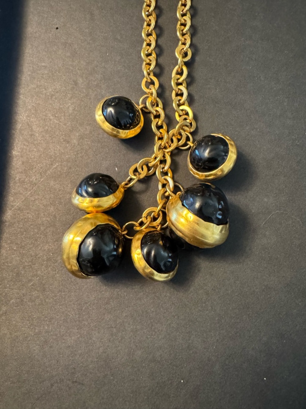 Vintage Gold-Tone Necklace with Black Cabochon Charms matching clip earrings